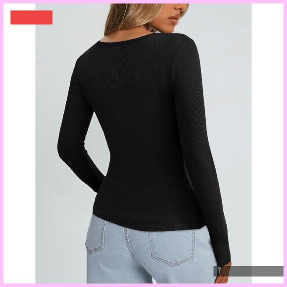 Ribbed Scoop Neck Long Sleeve Tee Basic Top Women's Fall Fashion - Picture 4 of 4